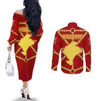 Navarre Flag Couples Matching Off The Shoulder Long Sleeve Dress and Long Sleeve Button Shirt Autonomous Community of Spain - Wonder Print Shop
