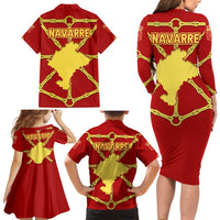 Navarre Flag Family Matching Long Sleeve Bodycon Dress and Hawaiian Shirt Autonomous Community of Spain - Wonder Print Shop