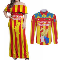Valencian Community Flag Couples Matching Off Shoulder Maxi Dress and Long Sleeve Button Shirt Autonomous Community of Spain - Wonder Print Shop