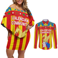Valencian Community Flag Couples Matching Off Shoulder Short Dress and Long Sleeve Button Shirt Autonomous Community of Spain - Wonder Print Shop