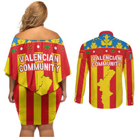 Valencian Community Flag Couples Matching Off Shoulder Short Dress and Long Sleeve Button Shirt Autonomous Community of Spain - Wonder Print Shop