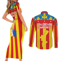 Valencian Community Flag Couples Matching Short Sleeve Bodycon Dress and Long Sleeve Button Shirt Autonomous Community of Spain - Wonder Print Shop