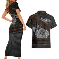 Viking Armor Couples Matching Short Sleeve Bodycon Dress and Hawaiian Shirt Vegvisir With Silver Chain Link - Wonder Print Shop
