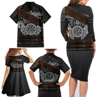 Viking Armor Family Matching Long Sleeve Bodycon Dress and Hawaiian Shirt Vegvisir With Silver Chain Link - Wonder Print Shop