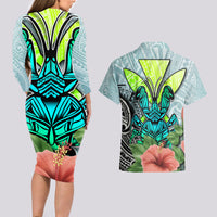 Polynesian Hawaii Couples Matching Long Sleeve Bodycon Dress and Hawaiian Shirt Kanaka with Crab Tribal tattoo - Wonder Print Shop