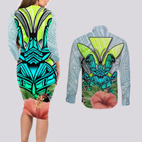 Polynesian Hawaii Couples Matching Long Sleeve Bodycon Dress and Long Sleeve Button Shirt Kanaka with Crab Tribal tattoo - Wonder Print Shop