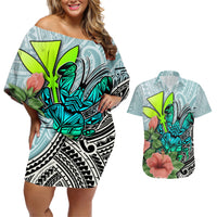 Polynesian Hawaii Couples Matching Off Shoulder Short Dress and Hawaiian Shirt Kanaka with Crab Tribal tattoo - Wonder Print Shop