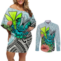 Polynesian Hawaii Couples Matching Off Shoulder Short Dress and Long Sleeve Button Shirt Kanaka with Crab Tribal tattoo - Wonder Print Shop