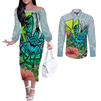 polynesian-hawaii-couples-matching-off-the-shoulder-long-sleeve-dress-and-long-sleeve-button-shirt-kanaka-with-crab-tribal-tattoo