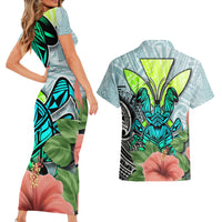 Polynesian Hawaii Couples Matching Short Sleeve Bodycon Dress and Hawaiian Shirt Kanaka with Crab Tribal tattoo - Wonder Print Shop
