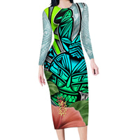 Polynesian Hawaii Long Sleeve Bodycon Dress Kanaka with Crab Tribal tattoo - Wonder Print Shop