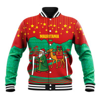 Mauritania Christmas Baseball Jacket with Santa Claus Camel Gift Boxes Starry Sky and Desert Pattern Design - Wonder Print Shop