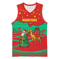 Mauritania Christmas Basketball Jersey with Santa Claus Camel Gift Boxes Starry Sky and Desert Pattern Design - Wonder Print Shop