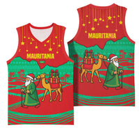 Mauritania Christmas Basketball Jersey with Santa Claus Camel Gift Boxes Starry Sky and Desert Pattern Design - Wonder Print Shop