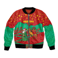 Mauritania Christmas Bomber Jacket with Santa Claus Camel Gift Boxes Starry Sky and Desert Pattern Design - Wonder Print Shop