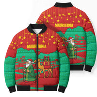 Mauritania Christmas Bomber Puffer Jacket with Santa Claus Camel Gift Boxes Starry Sky and Desert Pattern Design - Wonder Print Shop