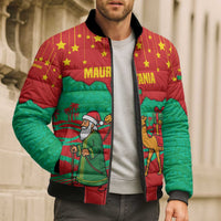 Mauritania Christmas Bomber Puffer Jacket with Santa Claus Camel Gift Boxes Starry Sky and Desert Pattern Design - Wonder Print Shop
