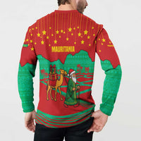 Mauritania Christmas Button Sweatshirt with Santa Claus Camel Gift Boxes Starry Sky and Desert Pattern Design - Wonder Print Shop