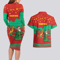 Mauritania Christmas Couples Matching Long Sleeve Bodycon Dress and Hawaiian Shirt with Santa Claus Camel Gift Boxes Starry Sky and Desert Pattern Design - Wonder Print Shop