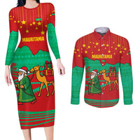 Mauritania Christmas Couples Matching Long Sleeve Bodycon Dress and Long Sleeve Button Shirt with Santa Claus Camel Gift Boxes Starry Sky and Desert Pattern Design - Wonder Print Shop