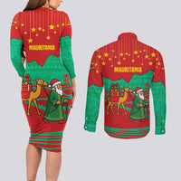 Mauritania Christmas Couples Matching Long Sleeve Bodycon Dress and Long Sleeve Button Shirt with Santa Claus Camel Gift Boxes Starry Sky and Desert Pattern Design - Wonder Print Shop