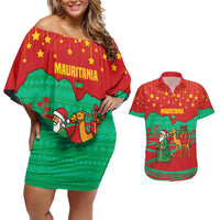 Mauritania Christmas Couples Matching Off Shoulder Short Dress and Hawaiian Shirt with Santa Claus Camel Gift Boxes Starry Sky and Desert Pattern Design - Wonder Print Shop