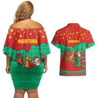 Mauritania Christmas Couples Matching Off Shoulder Short Dress and Hawaiian Shirt with Santa Claus Camel Gift Boxes Starry Sky and Desert Pattern Design - Wonder Print Shop