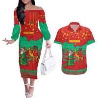 Mauritania Christmas Couples Matching Off The Shoulder Long Sleeve Dress and Hawaiian Shirt with Santa Claus Camel Gift Boxes Starry Sky and Desert Pattern Design - Wonder Print Shop