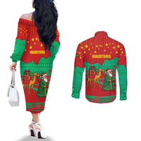 Mauritania Christmas Couples Matching Off The Shoulder Long Sleeve Dress and Long Sleeve Button Shirt with Santa Claus Camel Gift Boxes Starry Sky and Desert Pattern Design - Wonder Print Shop
