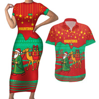 Mauritania Christmas Couples Matching Short Sleeve Bodycon Dress and Hawaiian Shirt with Santa Claus Camel Gift Boxes Starry Sky and Desert Pattern Design - Wonder Print Shop