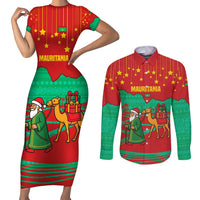 Mauritania Christmas Couples Matching Short Sleeve Bodycon Dress and Long Sleeve Button Shirt with Santa Claus Camel Gift Boxes Starry Sky and Desert Pattern Design - Wonder Print Shop