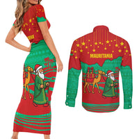 Mauritania Christmas Couples Matching Short Sleeve Bodycon Dress and Long Sleeve Button Shirt with Santa Claus Camel Gift Boxes Starry Sky and Desert Pattern Design - Wonder Print Shop