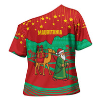 Mauritania Christmas Cross Shoulder Shirt with Santa Claus Camel Gift Boxes Starry Sky and Desert Pattern Design - Wonder Print Shop