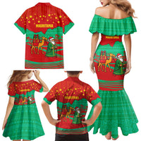 Mauritania Christmas Family Matching Mermaid Dress and Hawaiian Shirt with Santa Claus Camel Gift Boxes Starry Sky and Desert Pattern Design - Wonder Print Shop