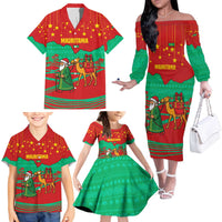 Mauritania Christmas Family Matching Off The Shoulder Long Sleeve Dress and Hawaiian Shirt with Santa Claus Camel Gift Boxes Starry Sky and Desert Pattern Design - Wonder Print Shop