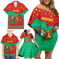 Mauritania Christmas Family Matching Off Shoulder Short Dress and Hawaiian Shirt with Santa Claus Camel Gift Boxes Starry Sky and Desert Pattern Design - Wonder Print Shop