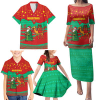Mauritania Christmas Family Matching Puletasi and Hawaiian Shirt with Santa Claus Camel Gift Boxes Starry Sky and Desert Pattern Design - Wonder Print Shop