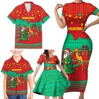Mauritania Christmas Family Matching Short Sleeve Bodycon Dress and Hawaiian Shirt with Santa Claus Camel Gift Boxes Starry Sky and Desert Pattern Design - Wonder Print Shop