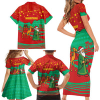 Mauritania Christmas Family Matching Short Sleeve Bodycon Dress and Hawaiian Shirt with Santa Claus Camel Gift Boxes Starry Sky and Desert Pattern Design - Wonder Print Shop