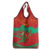 Mauritania Christmas Grocery Bag with Santa Claus Camel Gift Boxes Starry Sky and Desert Pattern Design - Wonder Print Shop