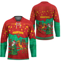 Mauritania Christmas Hockey Jersey with Santa Claus Camel Gift Boxes Starry Sky and Desert Pattern Design - Wonder Print Shop