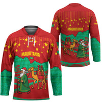 Mauritania Christmas Hockey Jersey with Santa Claus Camel Gift Boxes Starry Sky and Desert Pattern Design - Wonder Print Shop