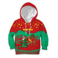 Mauritania Christmas Kid Hoodie with Santa Claus Camel Gift Boxes Starry Sky and Desert Pattern Design - Wonder Print Shop