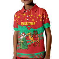 Mauritania Christmas Kid Polo Shirt with Santa Claus Camel Gift Boxes Starry Sky and Desert Pattern Design - Wonder Print Shop