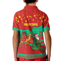 Mauritania Christmas Kid Polo Shirt with Santa Claus Camel Gift Boxes Starry Sky and Desert Pattern Design - Wonder Print Shop