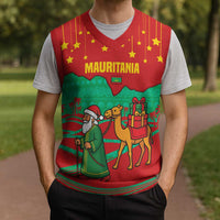 Mauritania Christmas Knitted V-Neck Vest with Santa Claus Camel Gift Boxes Starry Sky and Desert Pattern Design - Wonder Print Shop