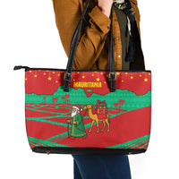 Mauritania Christmas Leather Tote Bag with Santa Claus Camel Gift Boxes Starry Sky and Desert Pattern Design - Wonder Print Shop