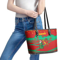Mauritania Christmas Leather Tote Bag with Santa Claus Camel Gift Boxes Starry Sky and Desert Pattern Design - Wonder Print Shop
