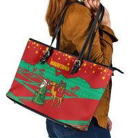 Mauritania Christmas Leather Tote Bag with Santa Claus Camel Gift Boxes Starry Sky and Desert Pattern Design - Wonder Print Shop