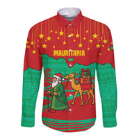 Mauritania Christmas Long Sleeve Button Shirt with Santa Claus Camel Gift Boxes Starry Sky and Desert Pattern Design - Wonder Print Shop